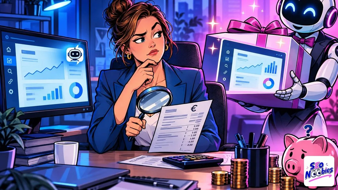 Outil GEO en question : une dirigeante compare son logiciel SEO et une nouvelle boîte tendue par un robot vendeur