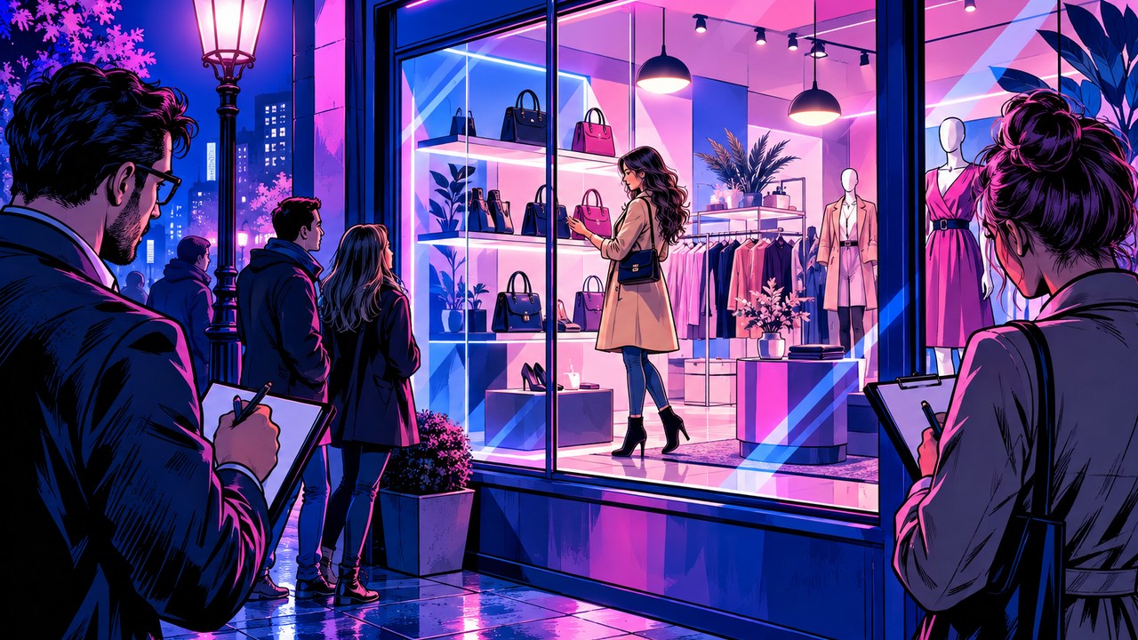 Search Console ou Analytics illustrés par deux observateurs notant devant et dans une boutique