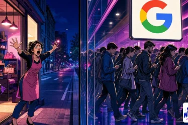Une commerçante invisible sur Google derrière une vitre, la foule passant de l'autre côté