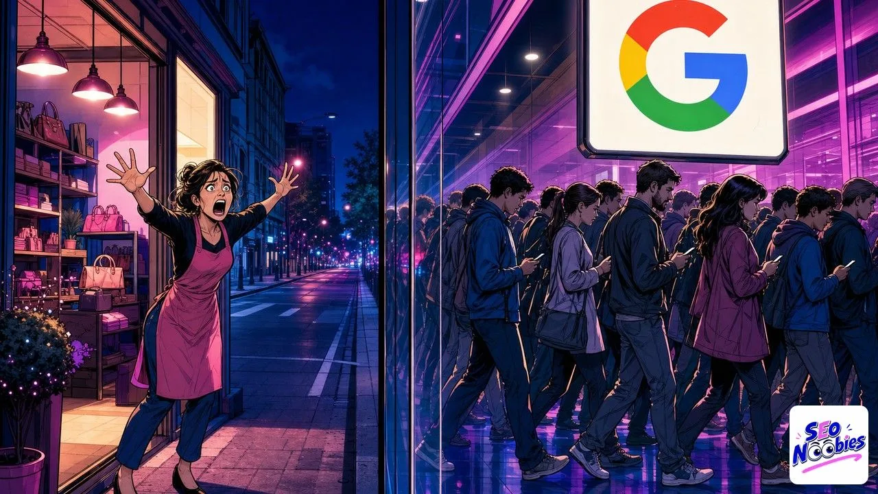 Une commerçante invisible sur Google derrière une vitre, la foule passant de l'autre côté