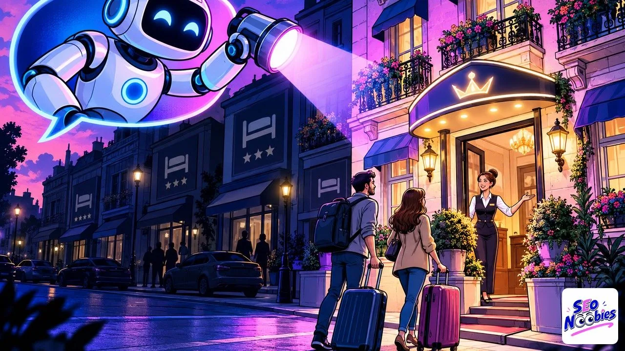 Hôtel dans ChatGPT mis en lumière par un assistant d'IA qui braque un projecteur sur un petit hôtel indépendant