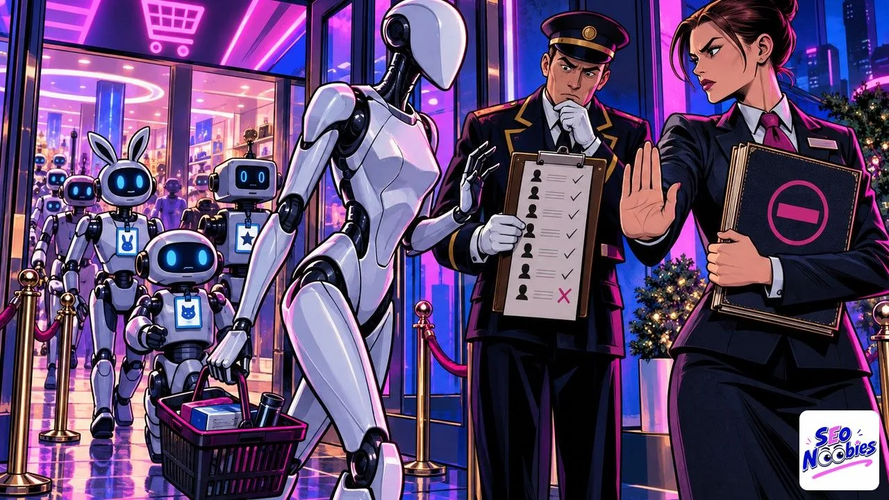 agent IA : un robot sans badge tente d'entrer dans un grand magasin filtré par une liste de noms
