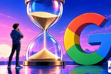 délai d'indexation Google : un sablier géant posé à côté du logo Google officiel