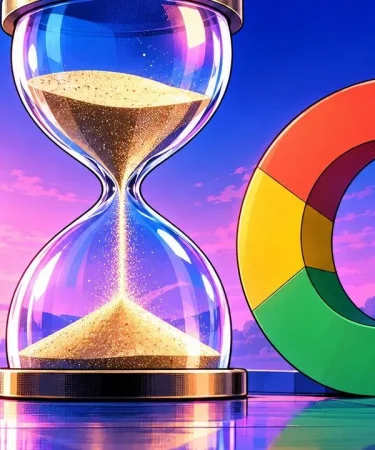 délai d'indexation Google : un sablier géant posé à côté du logo Google officiel