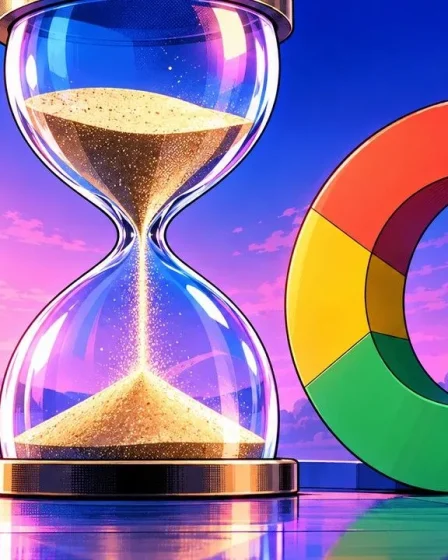 délai d'indexation Google : un sablier géant posé à côté du logo Google officiel