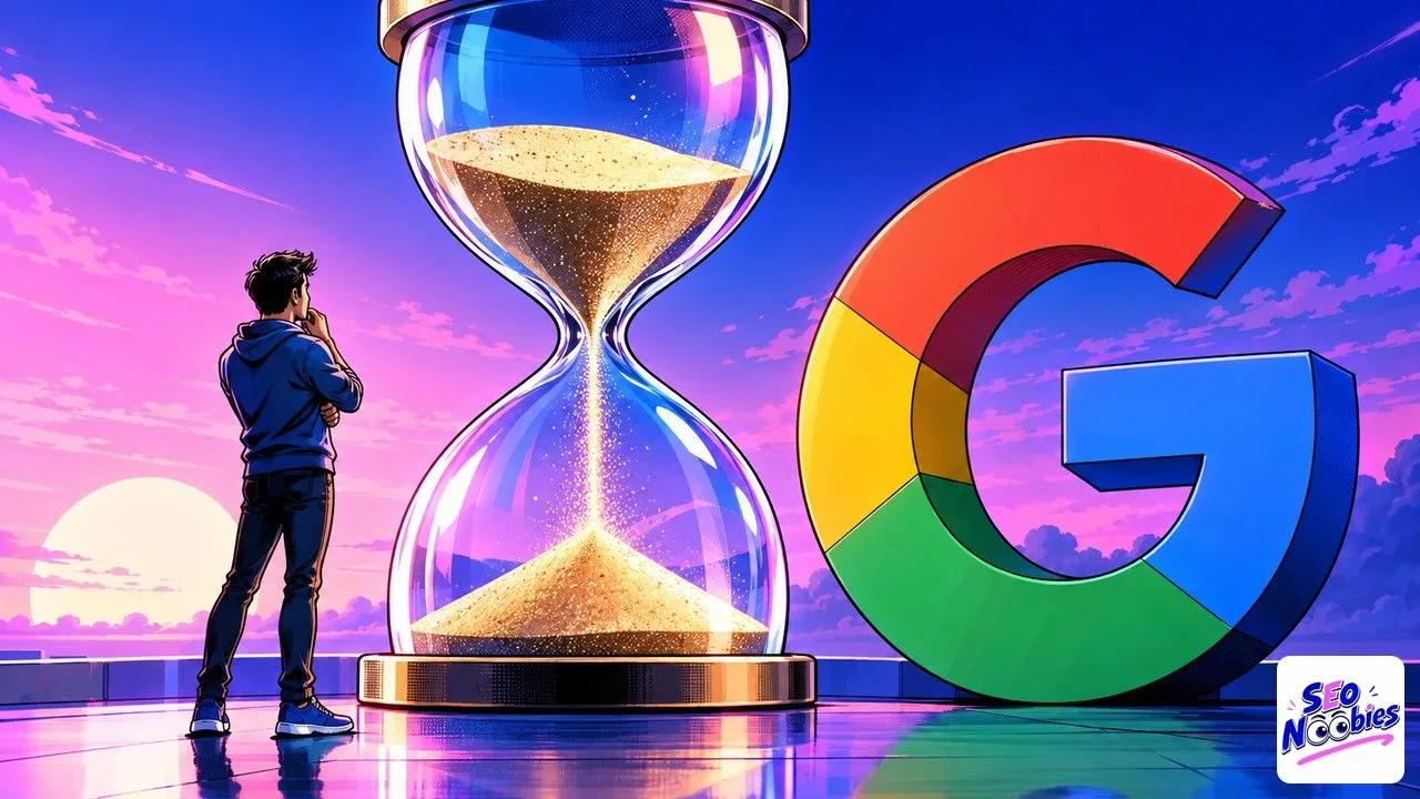 délai d'indexation Google : un sablier géant posé à côté du logo Google officiel