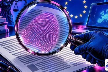 ChatGPT watermark: a magnifying glass reveals a hidden pink fingerprint inside printed text lines, European stars behind