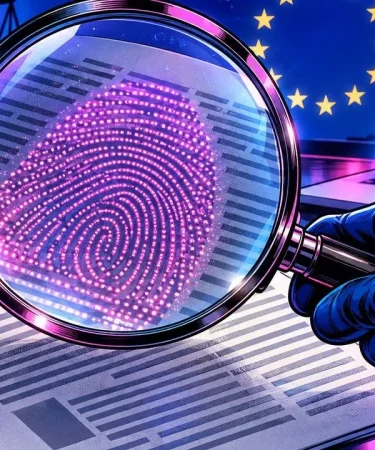 ChatGPT watermark: a magnifying glass reveals a hidden pink fingerprint inside printed text lines, European stars behind