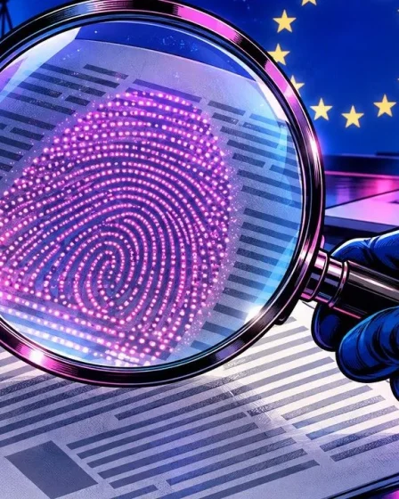 ChatGPT watermark: a magnifying glass reveals a hidden pink fingerprint inside printed text lines, European stars behind