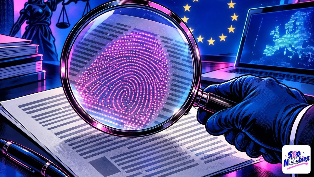 ChatGPT watermark: a magnifying glass reveals a hidden pink fingerprint inside printed text lines, European stars behind