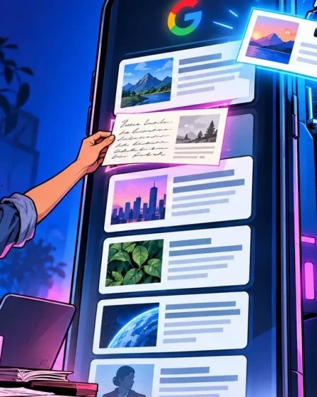 Google Discover: a robotic arm slides generated articles into a giant feed while a writer inserts her handwritten page