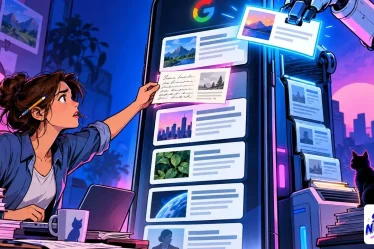 Google Discover : un bras robotique glisse des articles générés dans un fil géant pendant qu'une rédactrice y insère sa page manuscrite