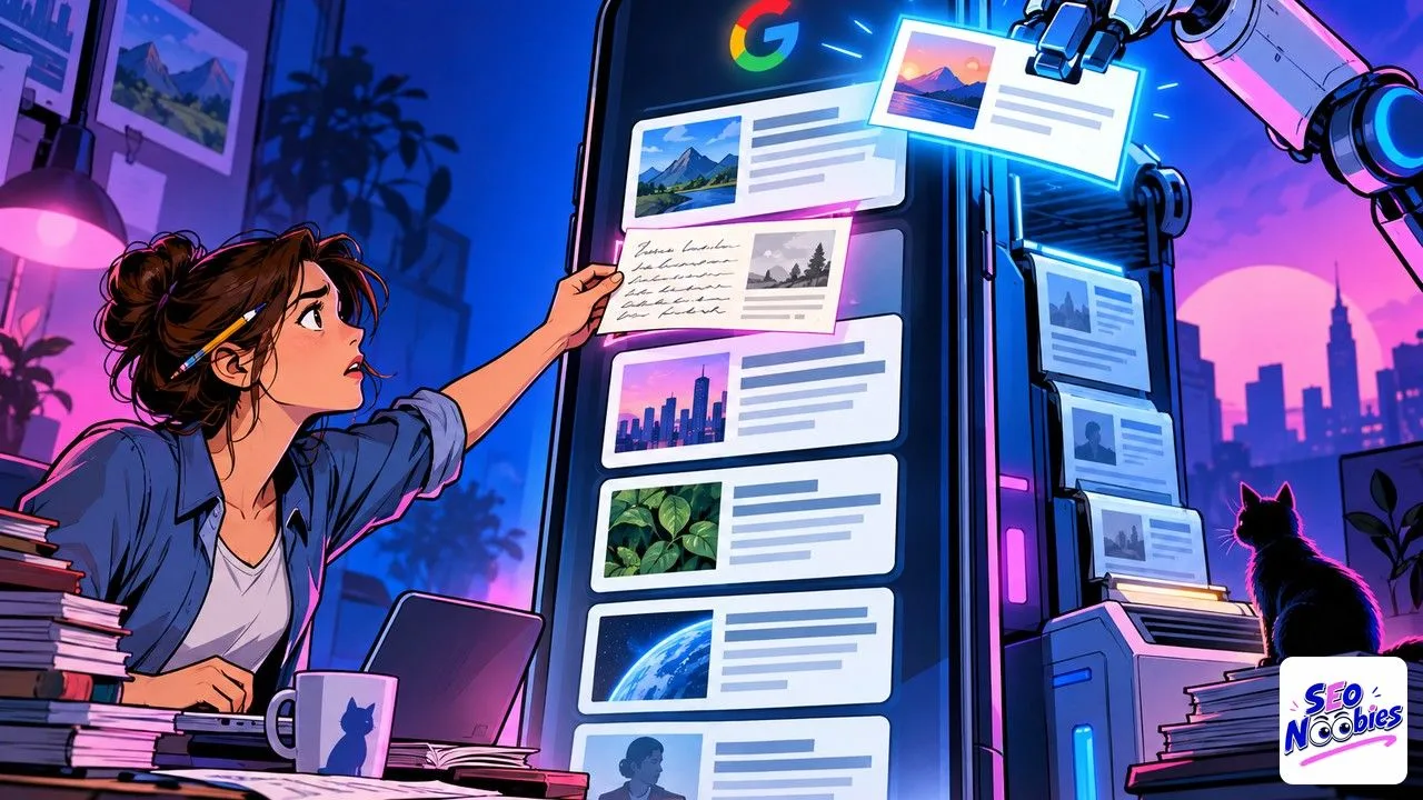 Google Discover : un bras robotique glisse des articles générés dans un fil géant pendant qu'une rédactrice y insère sa page manuscrite