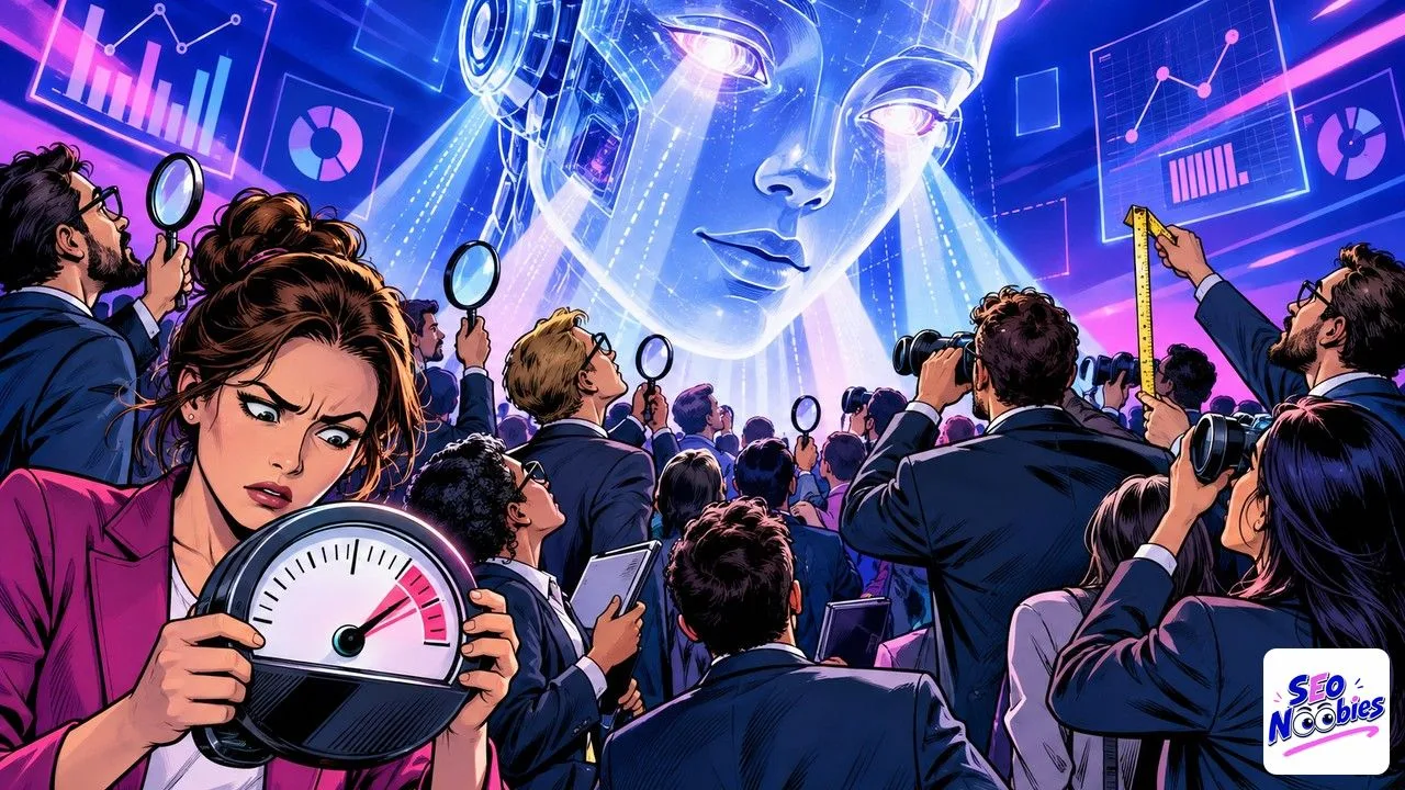 GEO practices: marketers study a glowing robot head with magnifying glasses, binoculars and a dial gauge