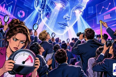 Pratiques GEO : des professionnels du marketing observent une tête de robot lumineuse avec loupes, jumelles et compteur