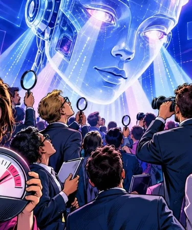 Pratiques GEO : des professionnels du marketing observent une tête de robot lumineuse avec loupes, jumelles et compteur