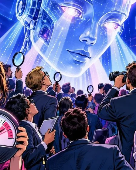 Pratiques GEO : des professionnels du marketing observent une tête de robot lumineuse avec loupes, jumelles et compteur