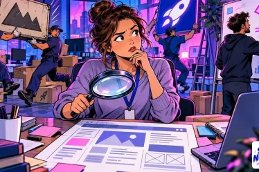 recrutement SEO en startup : une nouvelle recrue examine un site à la loupe pendant que l'entreprise change d'enseigne