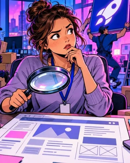 recrutement SEO en startup : une nouvelle recrue examine un site à la loupe pendant que l'entreprise change d'enseigne