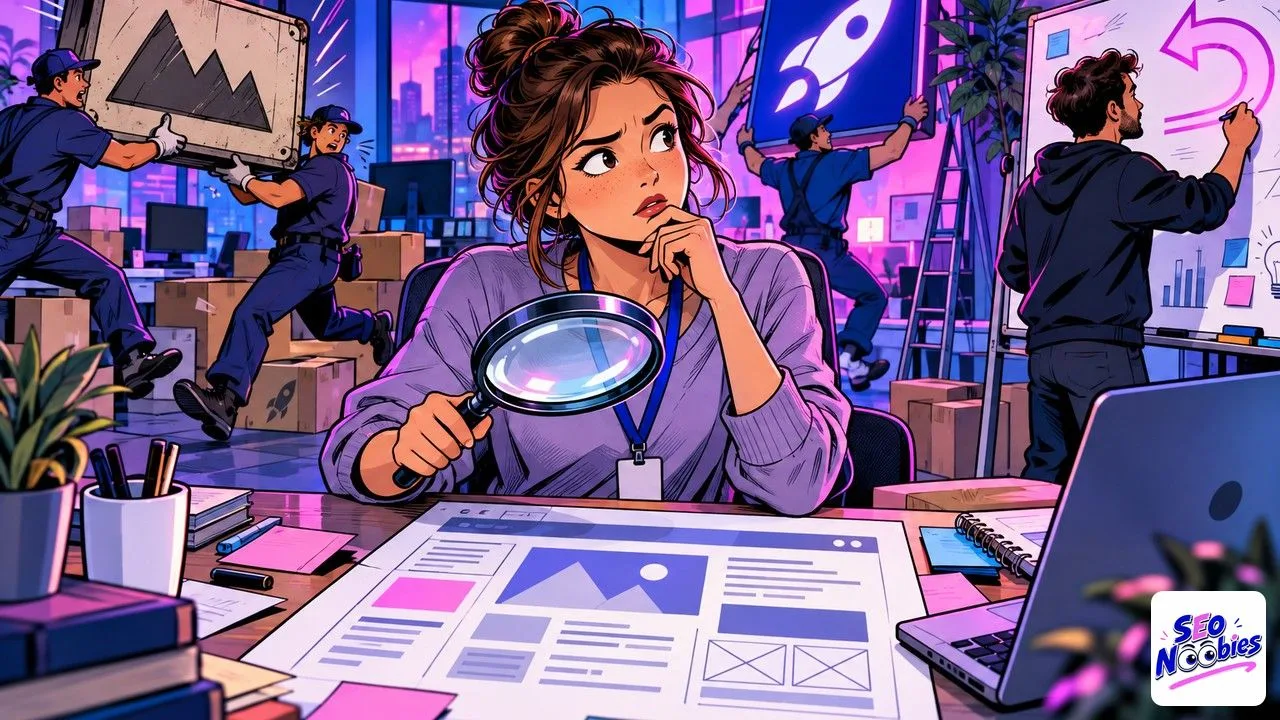 recrutement SEO en startup : une nouvelle recrue examine un site à la loupe pendant que l'entreprise change d'enseigne