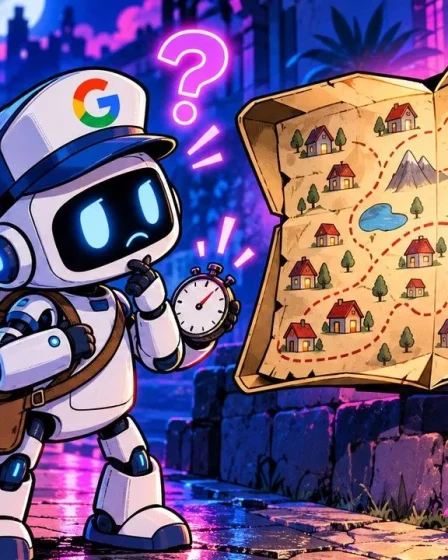 Couldn't Fetch sitemap error: a robot mail carrier with the Google logo hesitates before a map-shaped mailbox, stopwatch in hand