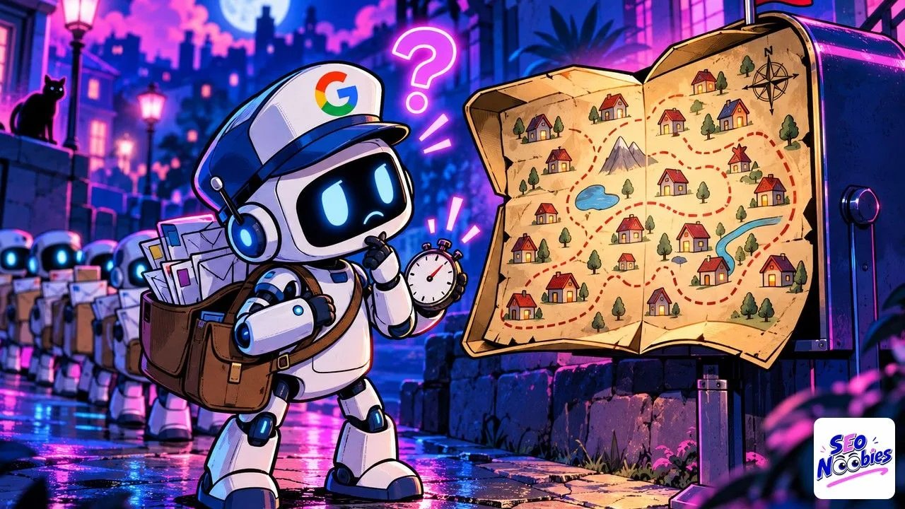 Couldn't Fetch sitemap error: a robot mail carrier with the Google logo hesitates before a map-shaped mailbox, stopwatch in hand