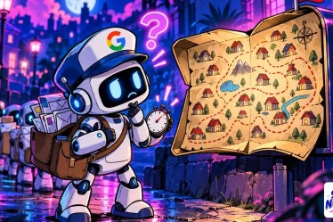Erreur sitemap : un robot facteur au logo Google hésite devant une boîte aux lettres en forme de carte, chronomètre en main