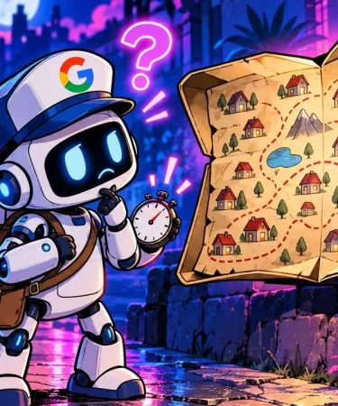 Erreur sitemap : un robot facteur au logo Google hésite devant une boîte aux lettres en forme de carte, chronomètre en main