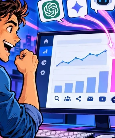 AI traffic: a Google Analytics dashboard with ChatGPT and Gemini icons converging into a new channel