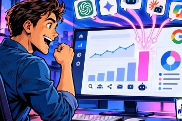 trafic IA : un tableau de bord Google Analytics avec des icônes de ChatGPT et Gemini convergeant vers un nouveau canal