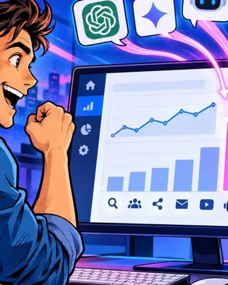 trafic IA : un tableau de bord Google Analytics avec des icônes de ChatGPT et Gemini convergeant vers un nouveau canal