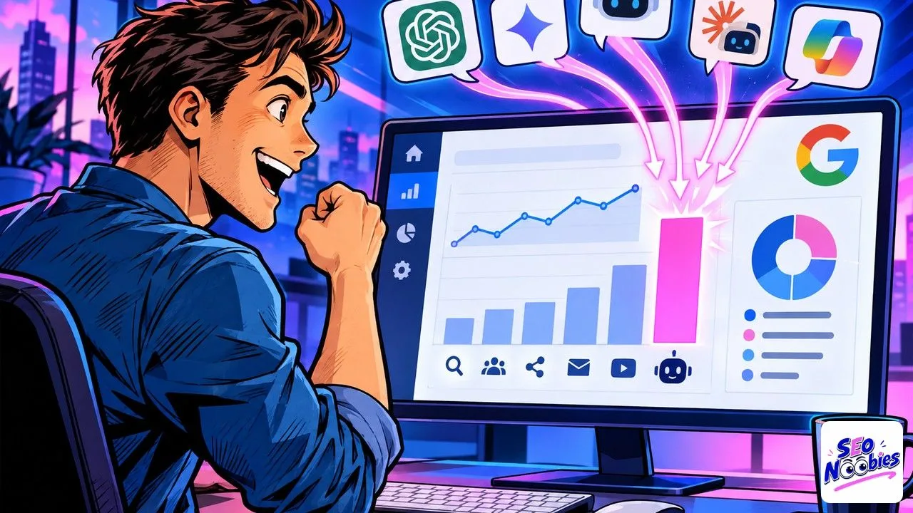 trafic IA : un tableau de bord Google Analytics avec des icônes de ChatGPT et Gemini convergeant vers un nouveau canal