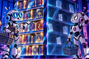 AI crawlers: two robots in front of the same bookcase, one sees full shelves, the other sees empty frames