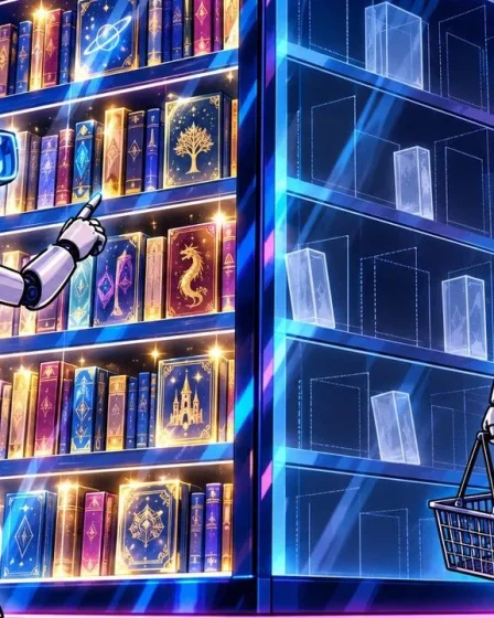 AI crawlers: two robots in front of the same bookcase, one sees full shelves, the other sees empty frames