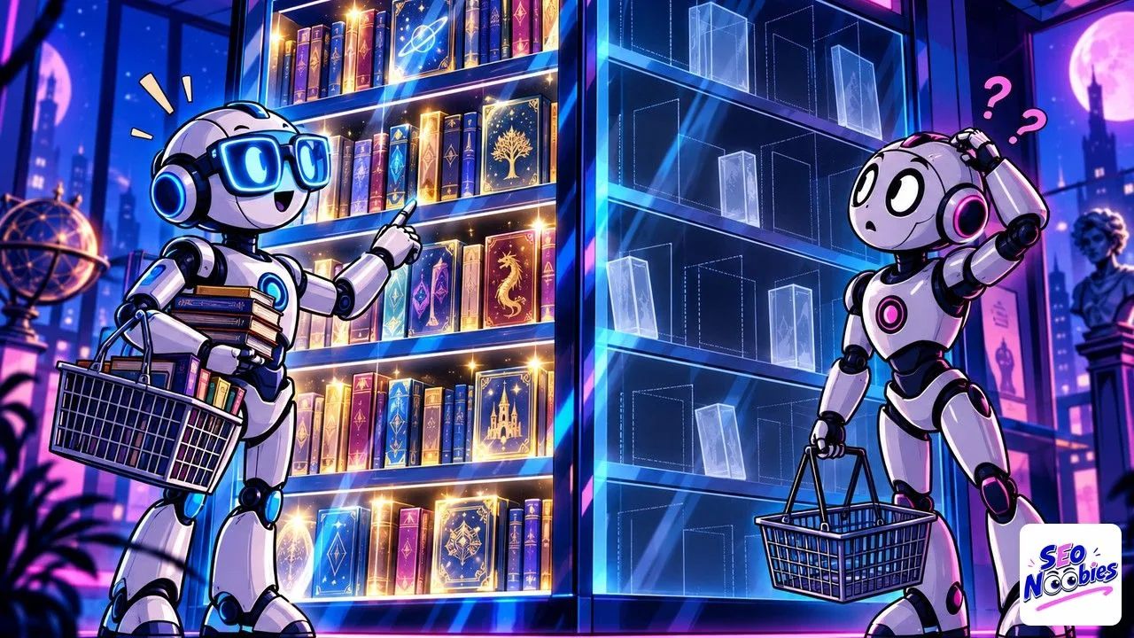 AI crawlers: two robots in front of the same bookcase, one sees full shelves, the other sees empty frames