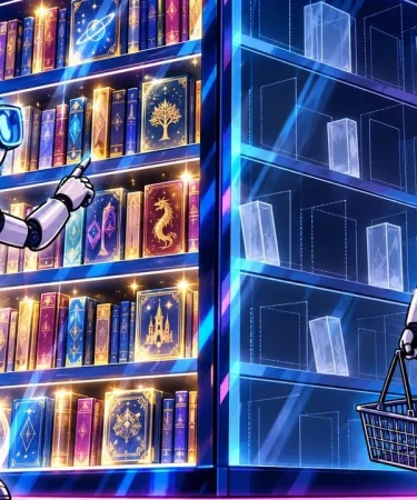 Robots IA : deux robots devant la même bibliothèque, l'un voit des étagères pleines, l'autre des cadres vides