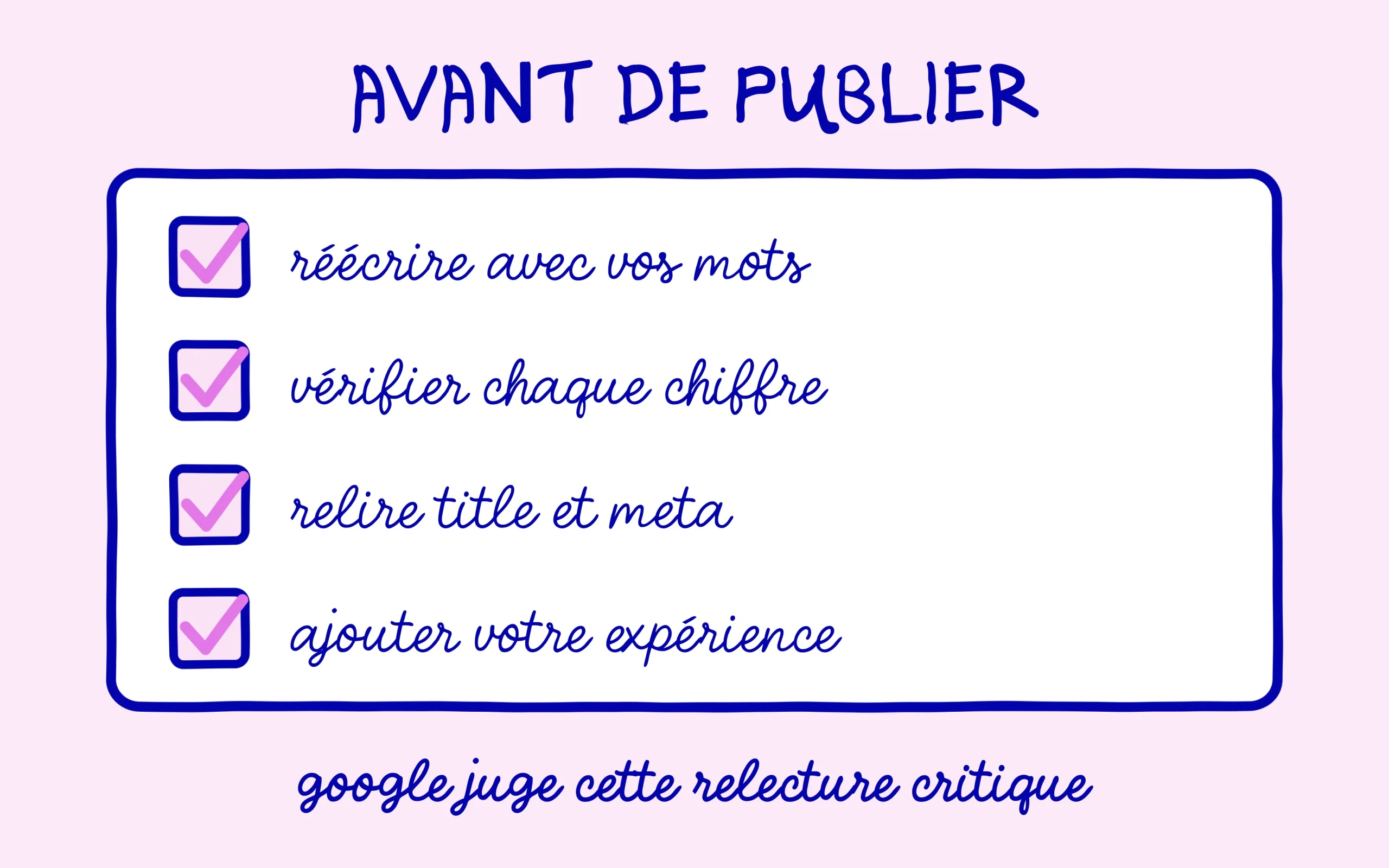 Filigrane ChatGPT : réécrire, vérifier chaque chiffre, relire title et meta, ajouter votre expérience avant de publier